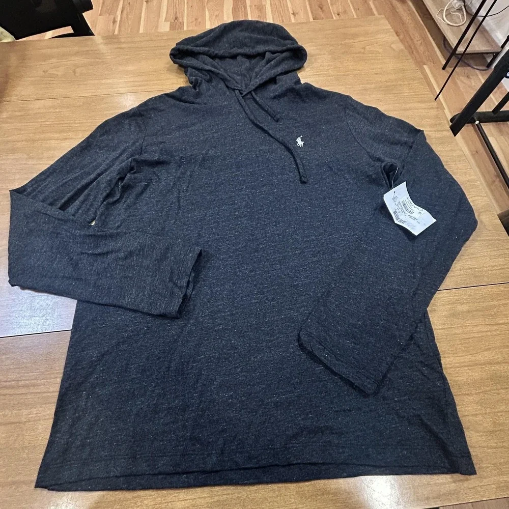 Polo Ralph Lauren Hoodie Mens M Gray Lightweight Jersey Cotton Pullover Logo NWT
